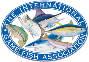 International Game Fish Association logo with multiple colorful game fish arranged around a blue circular border.